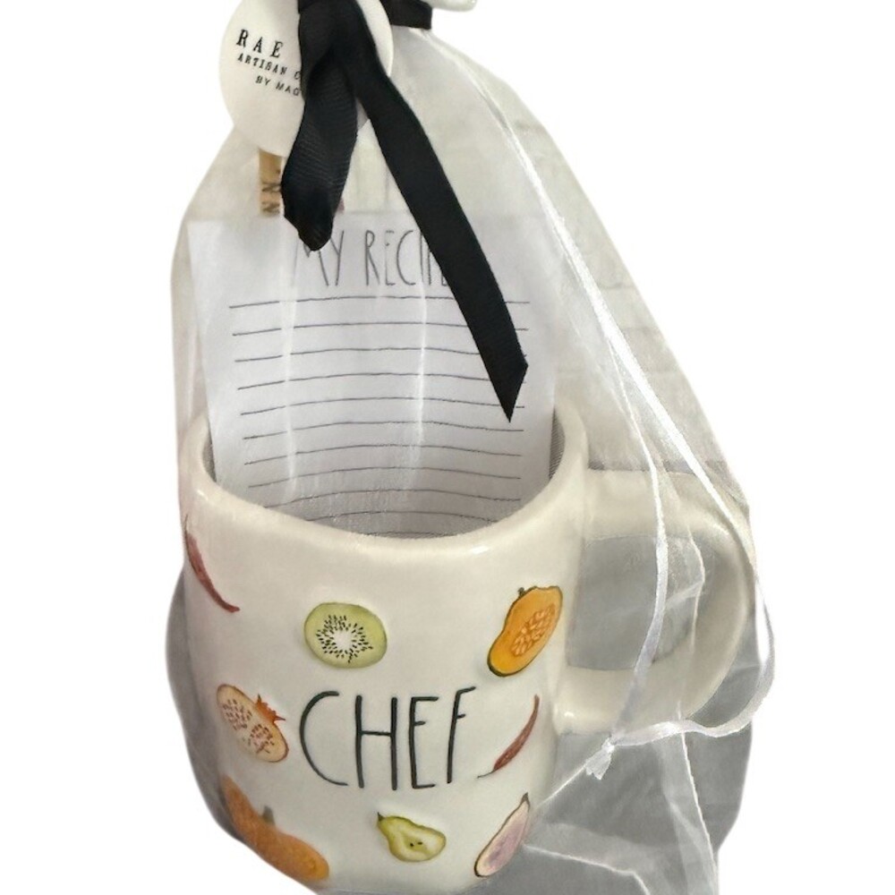 Rae Dunn CHEF Mug Gift Set Fruit Design w/ Recipe Notepad Pencils Bag